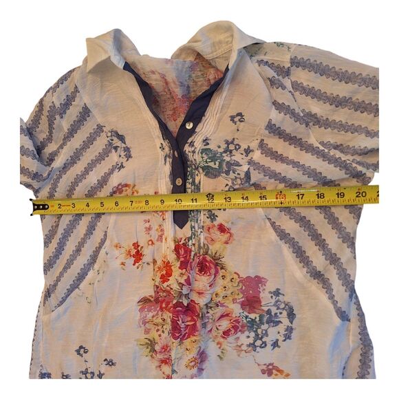 John Mark Tunic Blouse Top Mixed Print Floral Stripes Roll Tab Sleeves size M - Picture 10 of 12